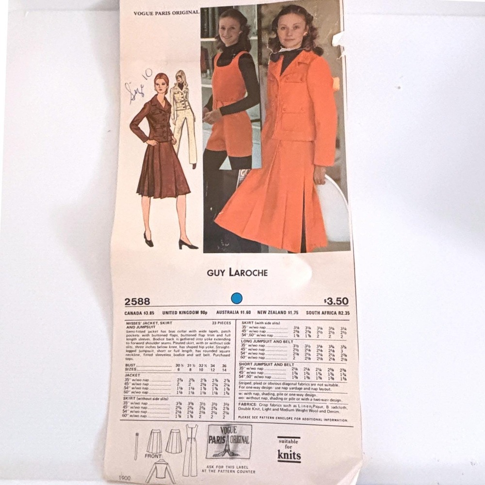 Vogue 2588 Paris Guy Laroche Rare70s Jacket Skirt Jumpsuit 10 Catalog Pg Uncut